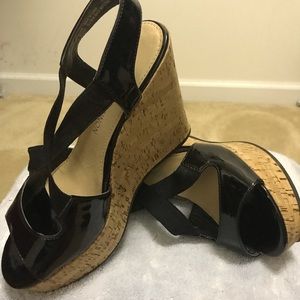 Platform sandals, black patent leather